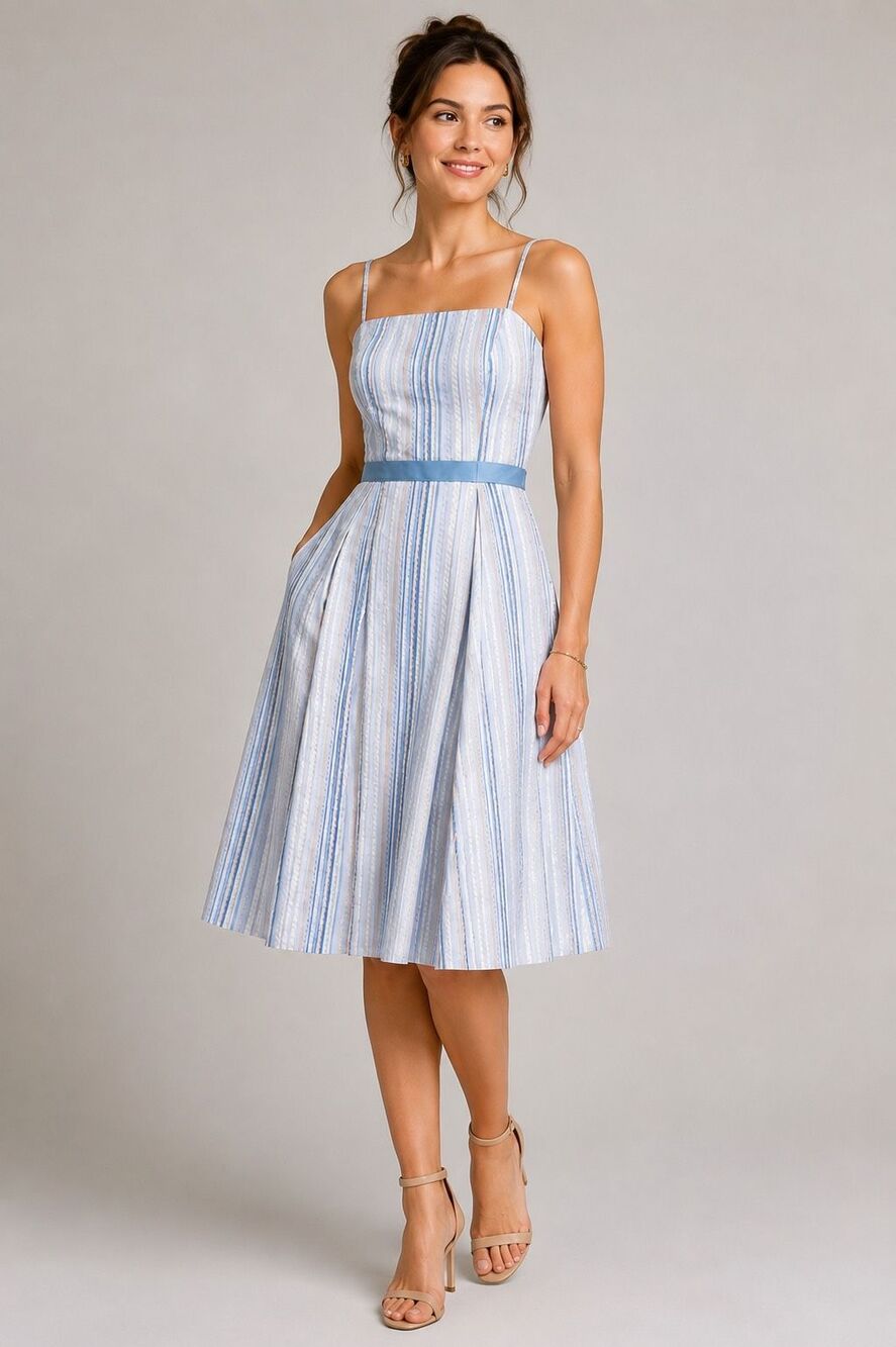 Ann Taylor Factory Blue Striped Cotton Fit Flare Dress Size 10 Spaghetti Strap